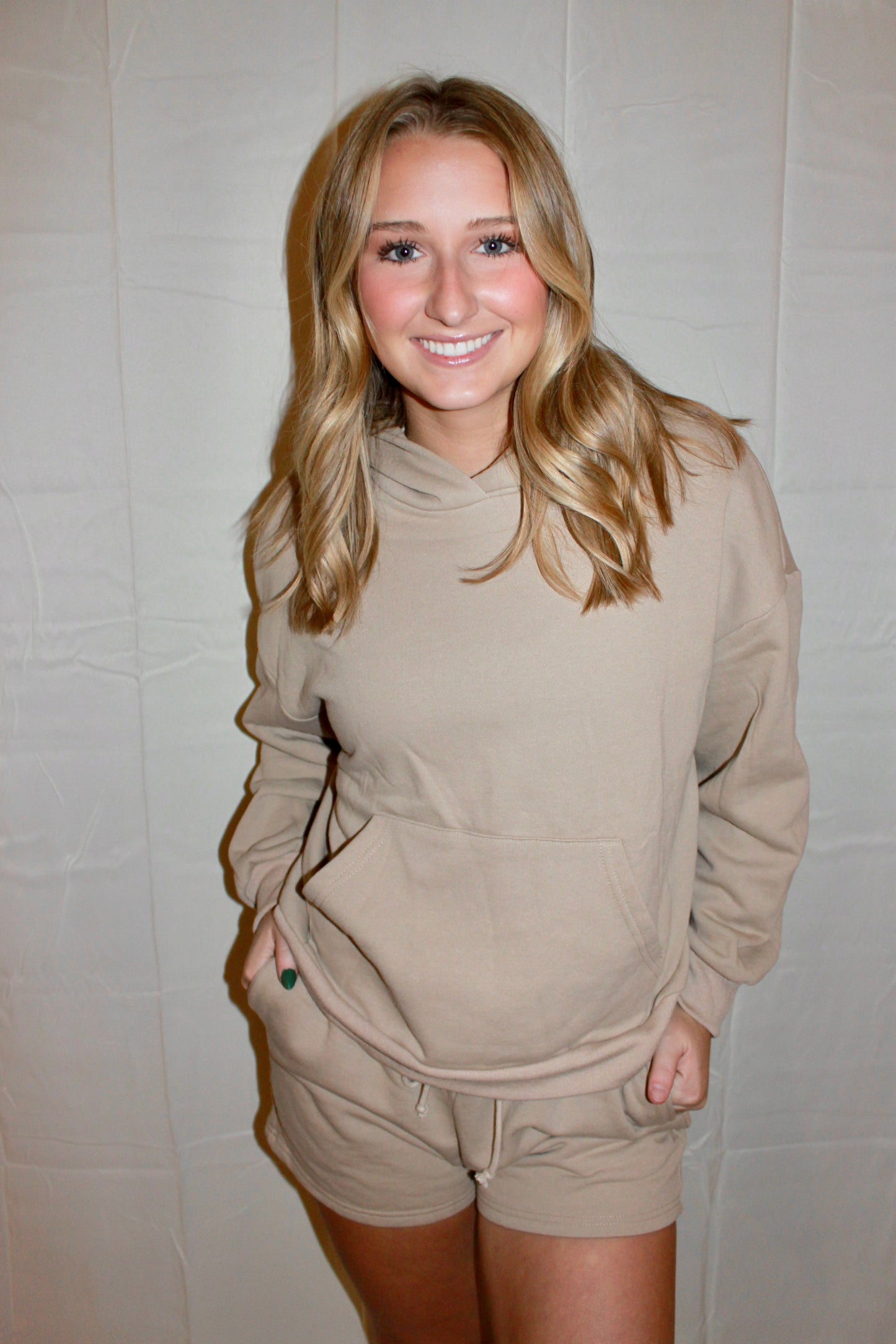 Taupe Loose Fit Hooded & Shorts Set