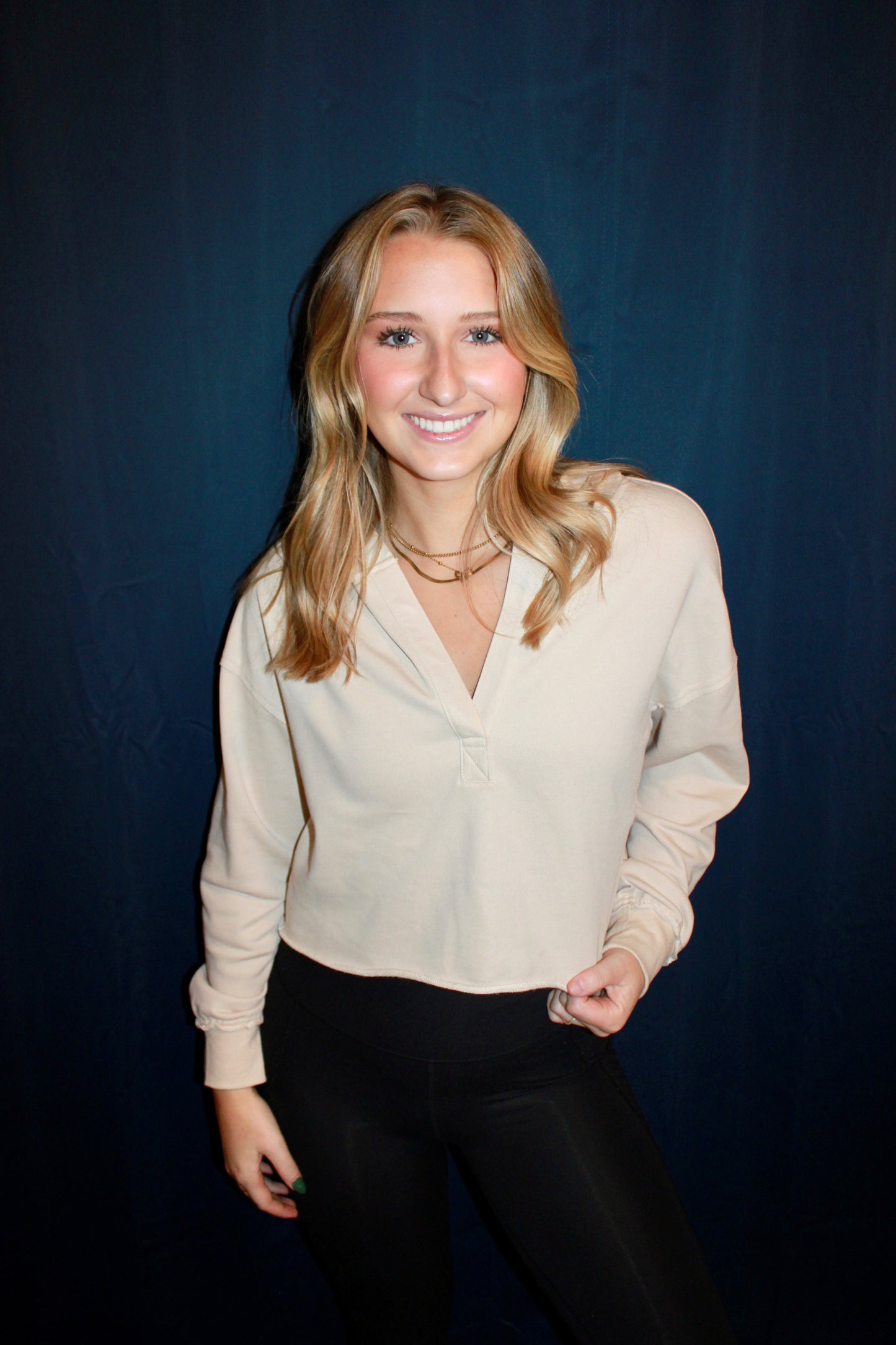 Beige Cropped V-Neck Hoodie