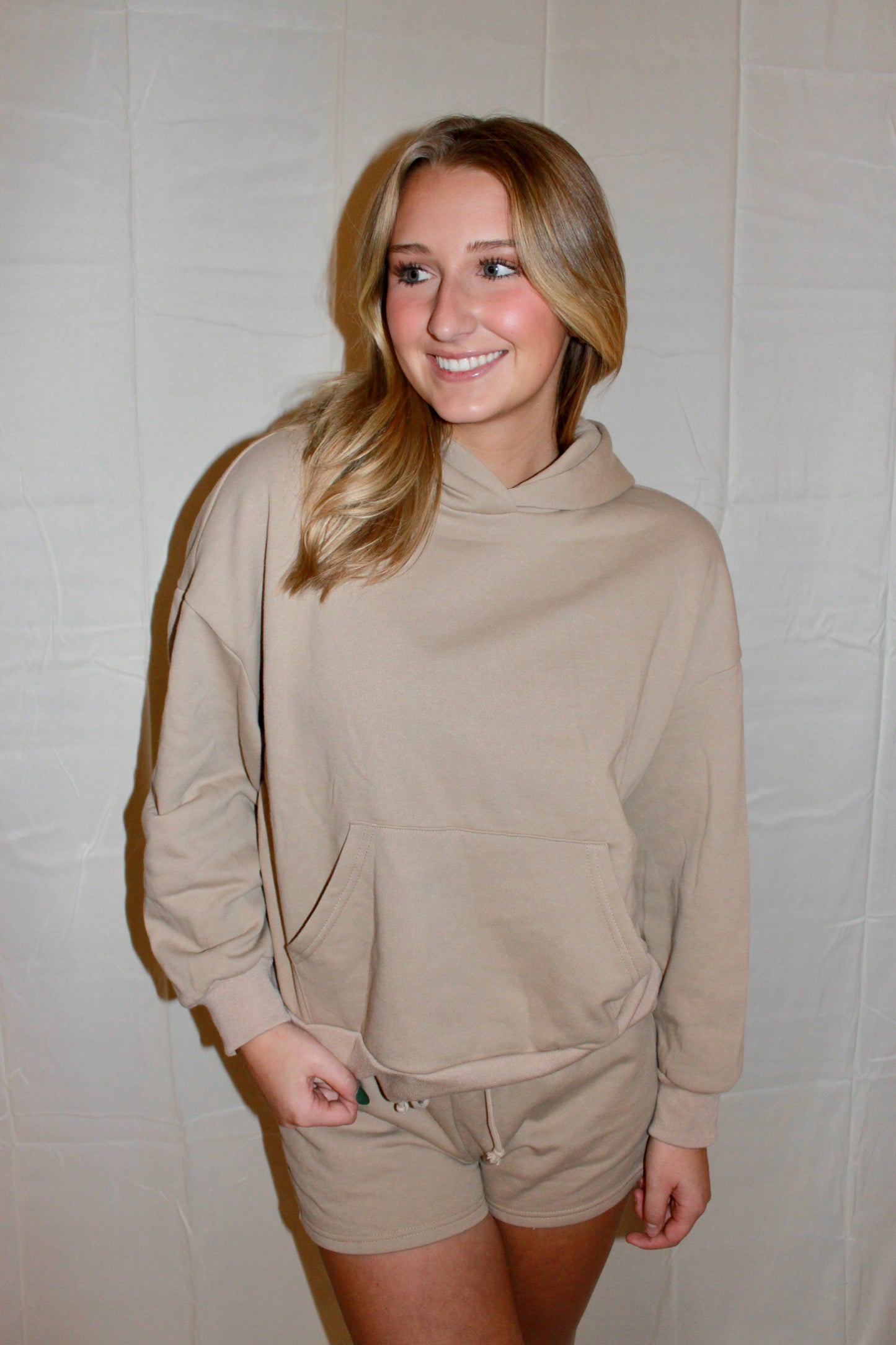 Taupe Loose Fit Hooded & Shorts Set