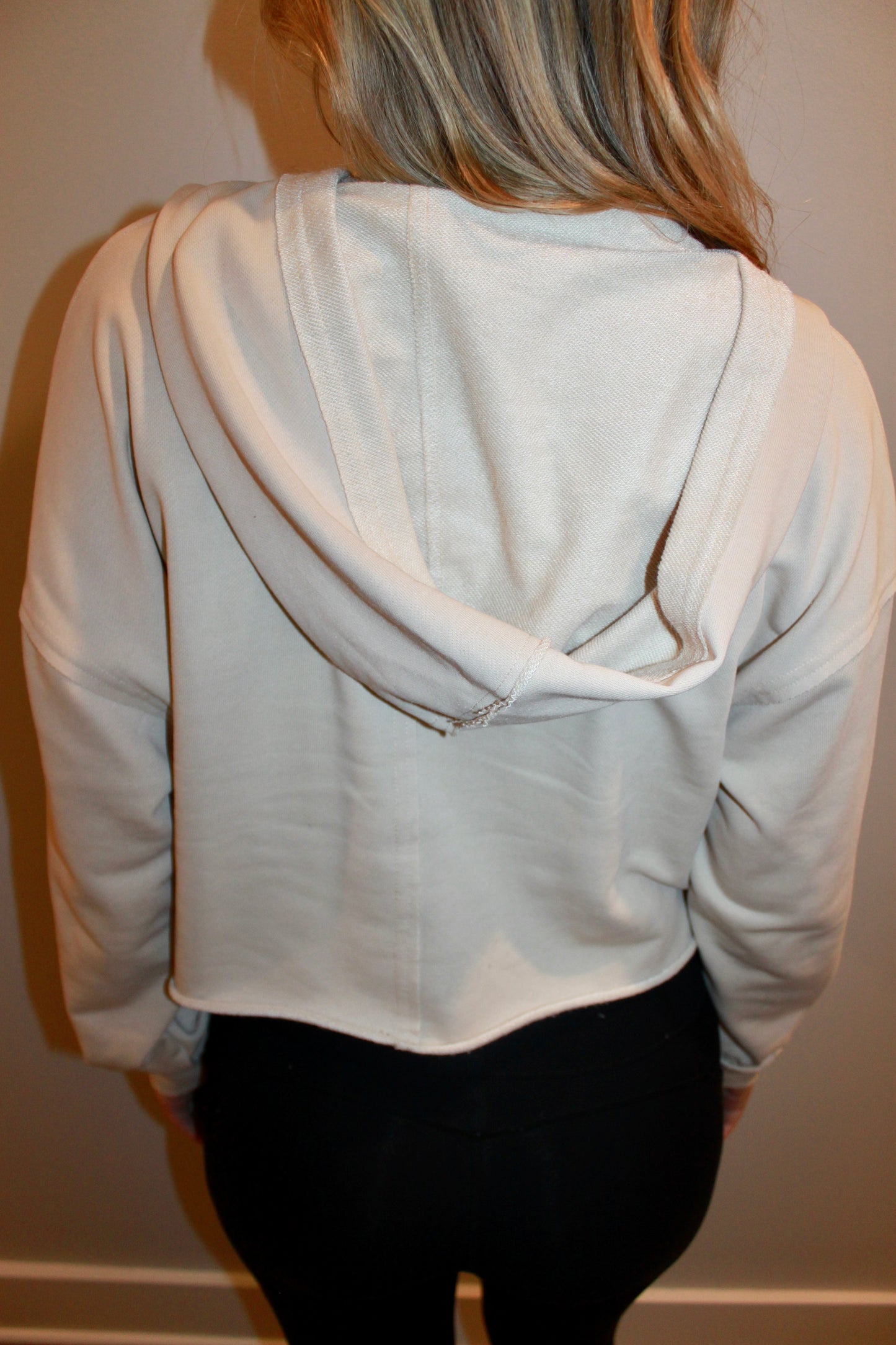 Beige Cropped V-Neck Hoodie