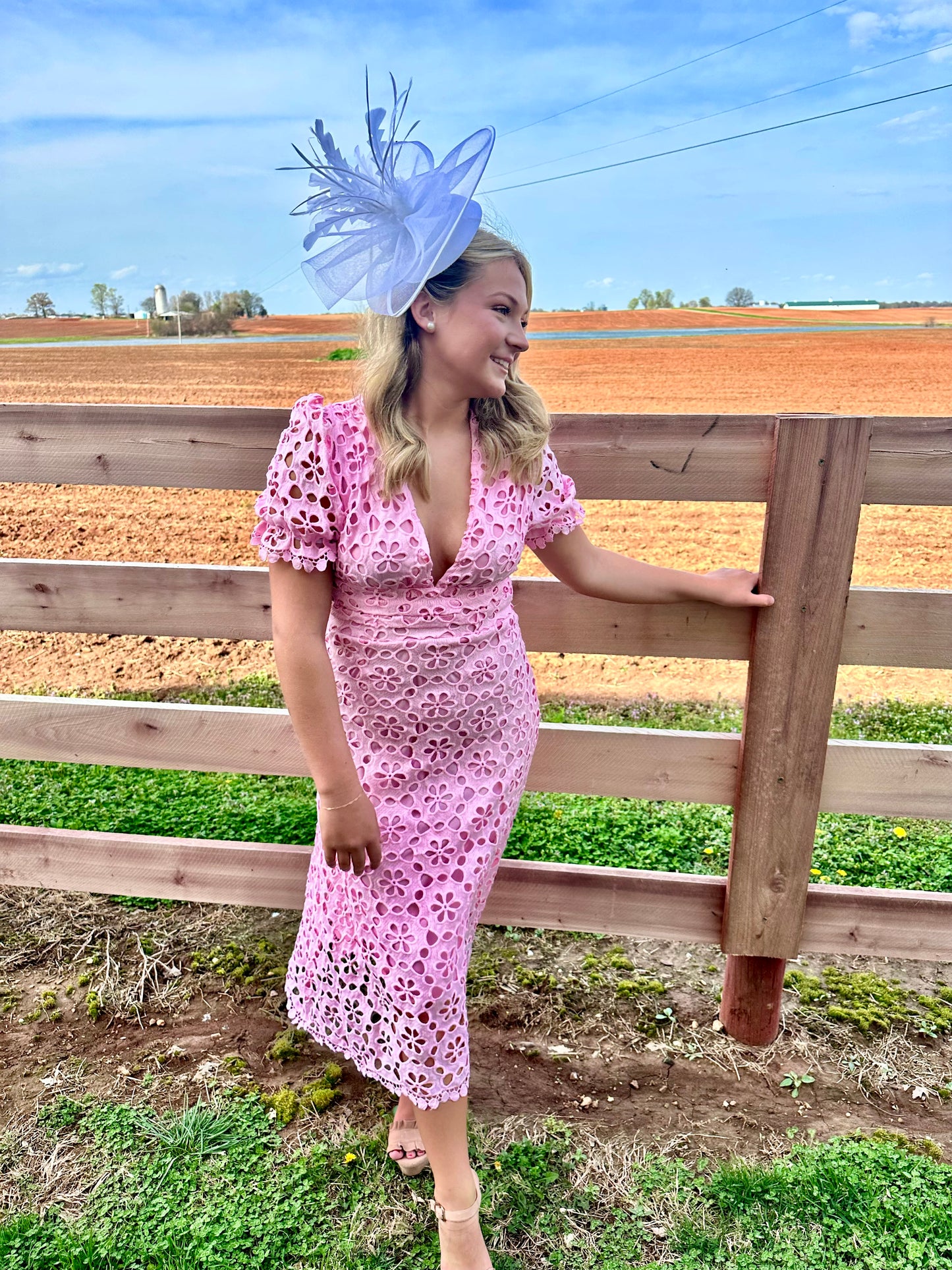 Pink V-neck Midi Dress