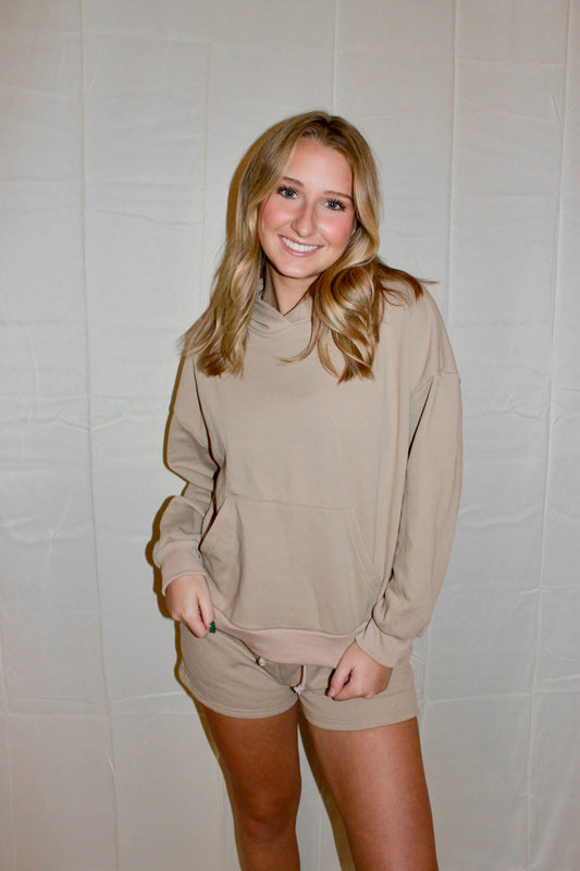 Taupe Loose Fit Hooded & Shorts Set