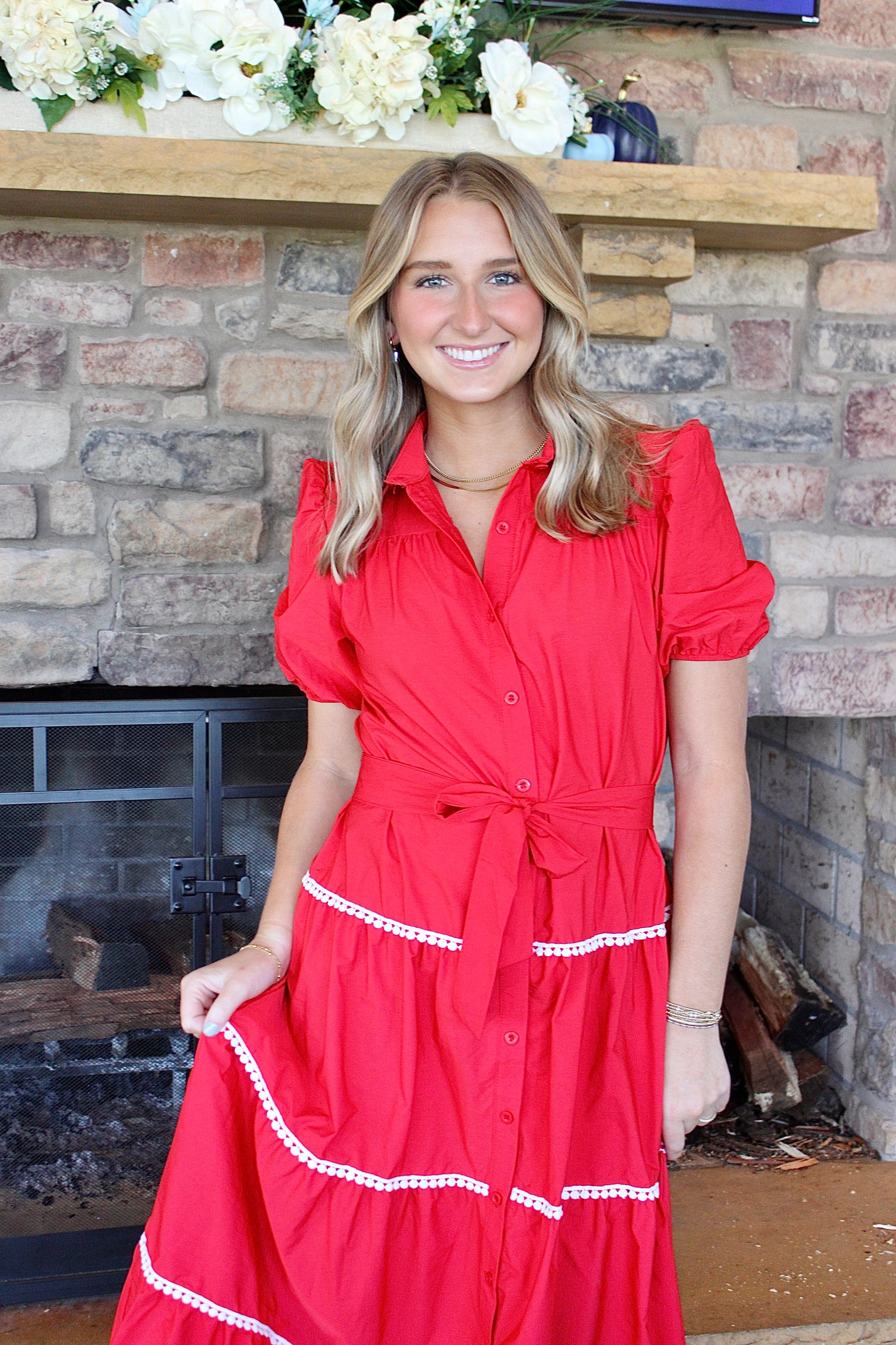 Puff Sleeve Layered Tie-Front Shirt Dress Lucky You Puff Sleeve Layered Tie-Front Shirt Dress Lucky You