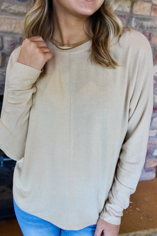 Taupe Seam-Front Long Sleeve Top